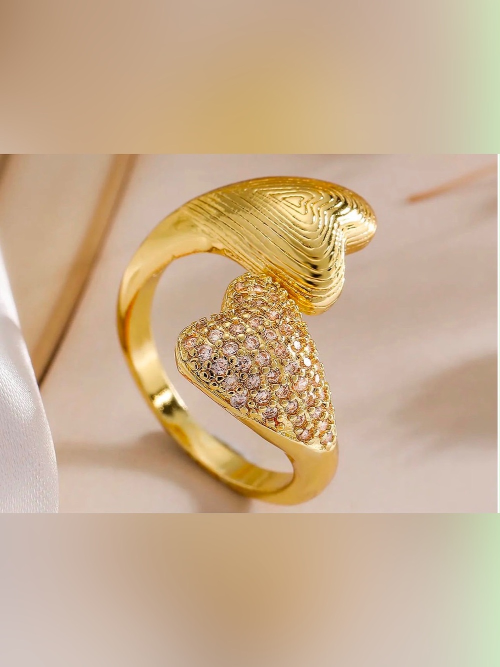 Gold Heart Pavé Ring with Pink Crystal Accents
